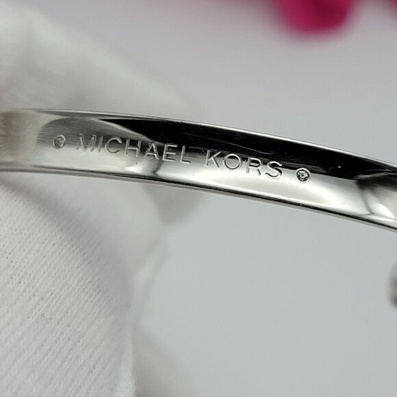 Michael Kors Silver Tone Logo Open Cuff Bracelet Tiny Diamond Accent 6.5" - Picture 7 of 11